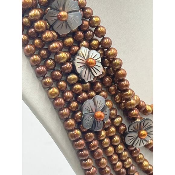 MultiStrand  Chocolate Pearls‎ Brown Copper-colored pearls Pearl Bib necklace - Picture 6 of 14